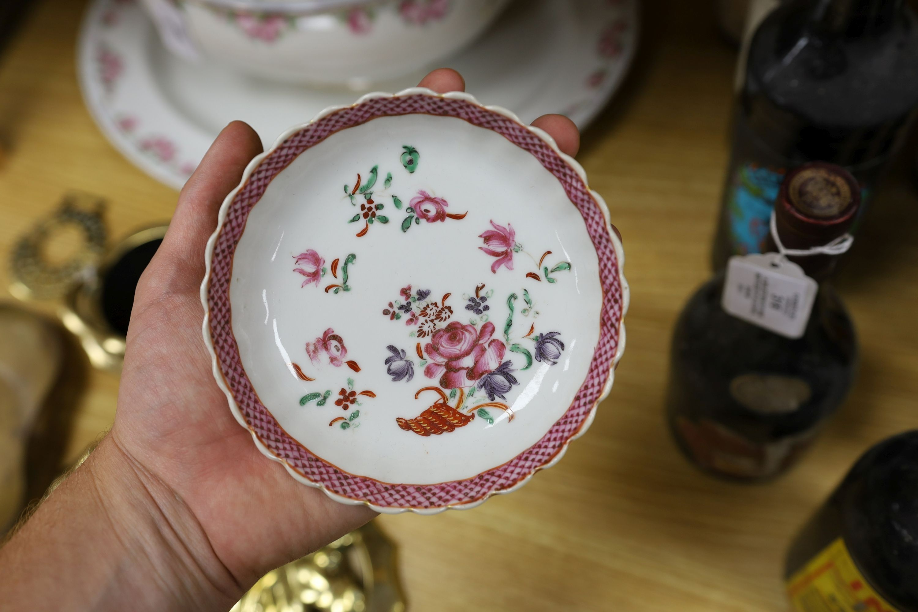 A selection of 18th century Chinese export wares, to include a teapot, tea bowls, saucers etc., some matching, tallest 16cm, (10)